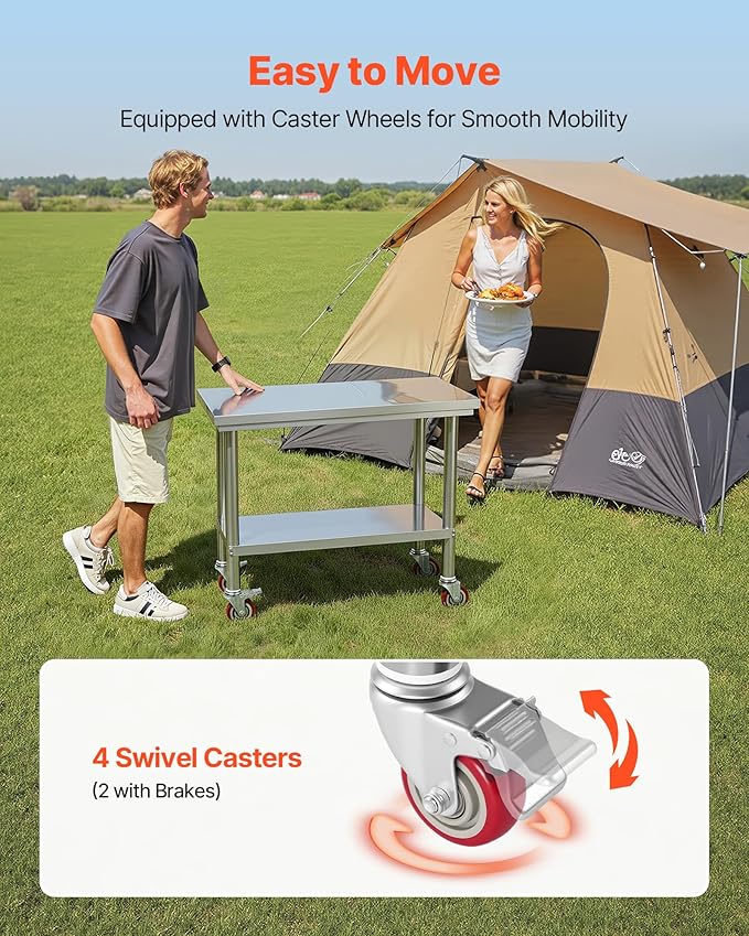 VEVOR Stainless Steel Table, 24 x 35.4 Inches Food Prep Worktable with Wheels, Kitchen Prep Table with Adjustable Undershelf Workstations for Commercial Kitchen, Restaurant, Hotel and Garage, Outdoor