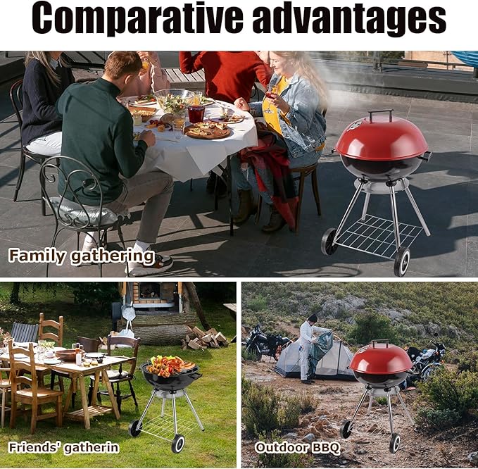 Charcoal grill, portable kettle charcoal grill with insulated cover, suitable for courtyard, camping, and outdoor use. (18 inches red)