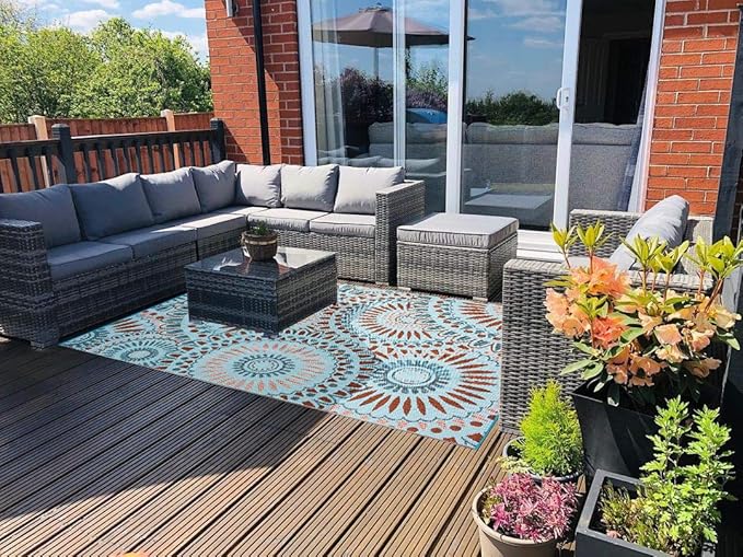 Reversible Outdoor/Indoor Plastic Straw Rugs Waterproof Portable Mat Easy to Clean Outdoor Patio Mat,Perfect for Garden, Patio, Picnic, Decking-（Blue,9x12Ft）
