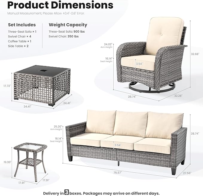ovios 8 Pieces Patio Furniture Set, Outdoor Wicker Sofa Couch with Rocking Swivel Chairs Solar Lights Table, Modern Deep Seat Rattan Conversation Sets for Porch Deck, Beige