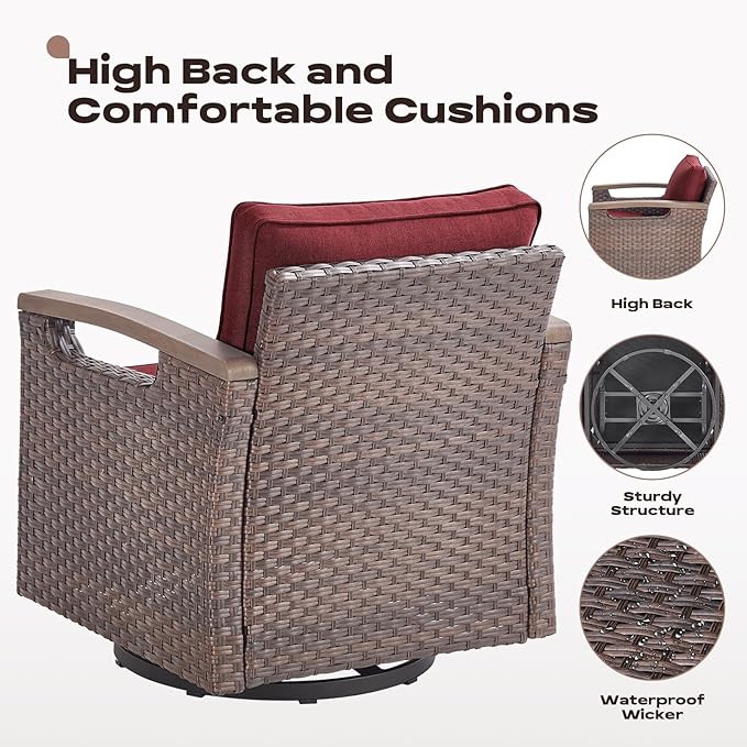 Rilyson Wicker Outdoor Patio Furniture Set - 5 Piece Patio Conversation Sets with Swivel Rocker Chairs, Ottomans and Side Table, Thick Cushions, Waterproof Wicker, for Porch Deck Brown/Red