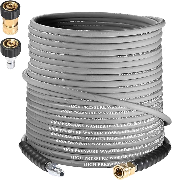 1/4" Pressure Washer Hose 125 FT 4500 PSI, Steel Braided Layer & NonMarking Rubber for Hot/Cold Water High Power Washer Replacement With Quick Connect & M22 Fitting, Industrial-grade