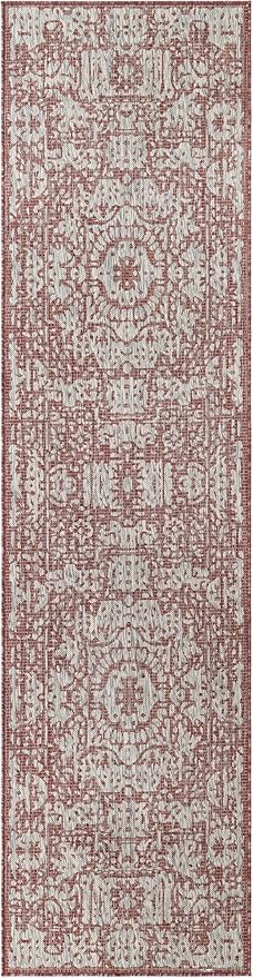 Unique Loom Outdoor Traditional Collection Area Rug - Timeworn (2' 7" x 10' Runner Rust Red/Gray)