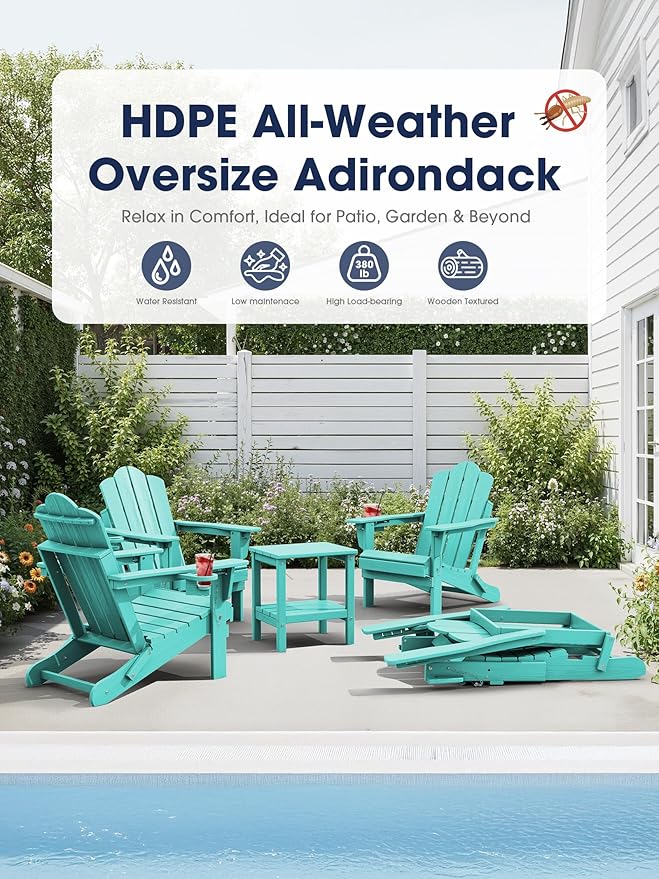 KINGYES Adjustable Folding Adirondack Chair Set of 2, 3-Position Reclining Adirondack Chairs with Cup Holder, HDPE All-Weather Oversized Adirondack for Outdoor, Patio, Deck, Fire Pit, Aruba Blue