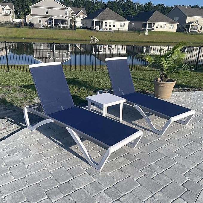 PURPLE LEAF Patio Chaise Lounge Chair Set of 3 Outside Aluminum Plastic Stackable Tanning Chairs for Pool Sunbathing Beach Deck Outdoor Lounger, Dark Blue