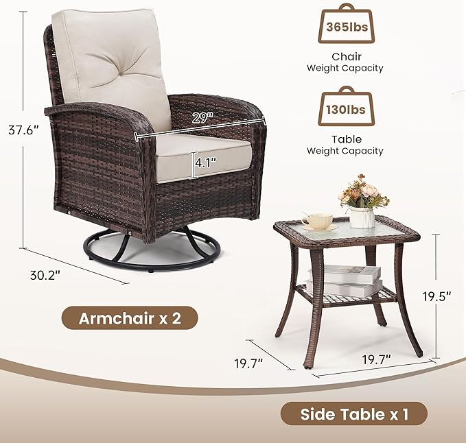 Luxury Outdoor Swivel Wicker Glider Patio Chairs with Table Set, Overstuffed Washable Cushions, Ideal for Porch, Balcony, Deck, Brown Rattan and Beige Cushion