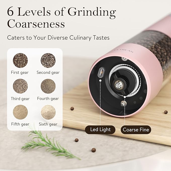 Ultrean Electric Pepper Grinder, Rechargeable Salt and Pepper Grinder with 6 Adjustable Coarseness, Automatic Grinder for Kitchen, LED Light, Christmas Gifts for Women, Pink