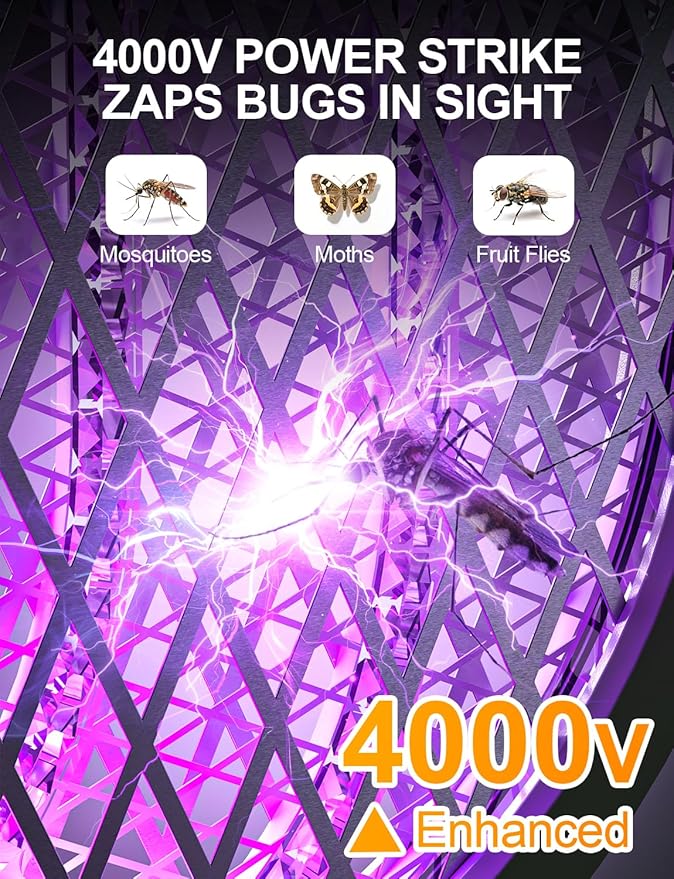 Electric Fly Swatter 4000V Bug Zapper Racket Foldable with Blue Light Dual Mode 1800mAh Rechargeable Battery 5-Layer Safety Mesh for Indoor & Outdoor