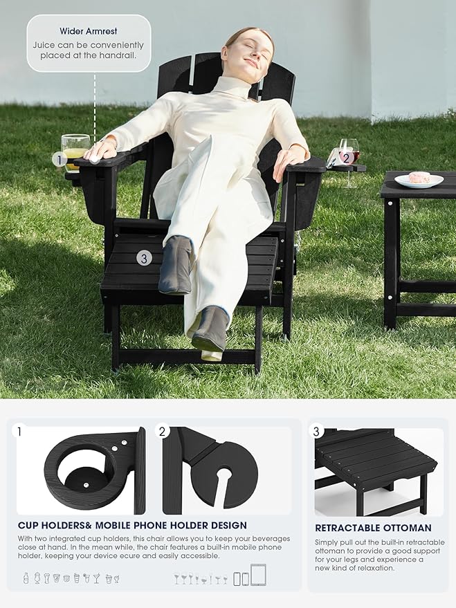 KINGYES Folding Adjustable Adirondack Chair with Retractable Ottoman Set of 2, HDPE Oversized Outdoor Chair with Cup Holder, Wood-Like Reclining Versatile Adirondack Chair, Black