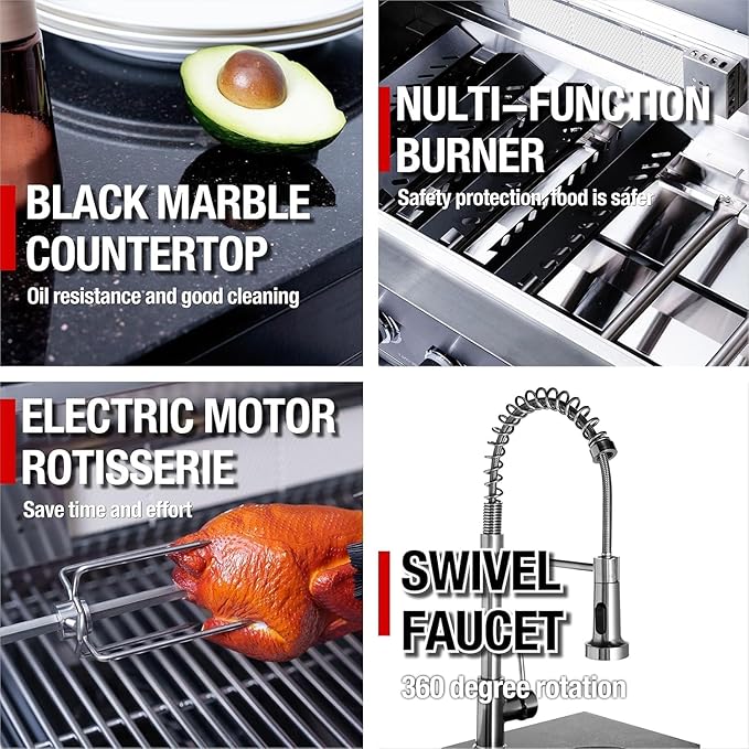 85 Inches Propane Grills 6-Burner 85000 BTU Deluxe 304 Stainless Steel Gas Outdoor Kitchen Bar Barbecue Island Grill, Wine Cooler Compact Refrigerator, Granite Countertops, Stainless Steel Sink, Black