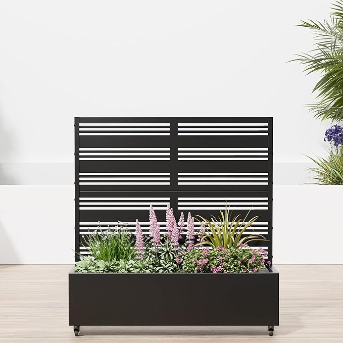 Casaphoria Raised Garden Bed Metal Planter Box with Trellis, 47"x47"x16" for Outdoor Climbing Plants, Flowers Vegetables and Vines Privacy Screen with Wheels and Drainage Holes(Black Louvered)