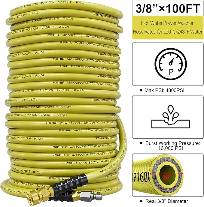 POHIR 100ft Pressure Washer Hose 3/8" 4800 PSI, Power Washer Hose with 3/8 Quick Connect, Hot & Cold Water Hose Max 248°F, Commercial Industrial Grade Steel Wire Braided Kink Proof Extension Hose