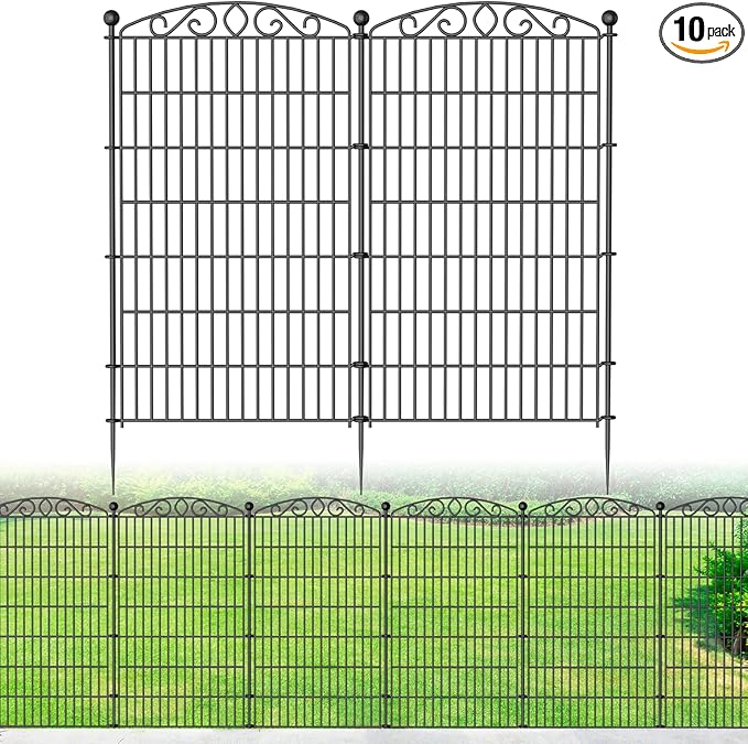 10 Panel No Dig Decorative Garden Fence - 48in H x 22.5ft L, Tall Animal Barrier for Dogs Rabbits, Rustproof Metal Wire Panels for Yard, Patio, and Outdoor Border Use