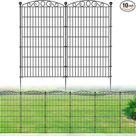 10 Panel No Dig Decorative Garden Fence - 48in H x 22.5ft L, Tall Animal Barrier for Dogs Rabbits, Rustproof Metal Wire Panels for Yard, Patio, and Outdoor Border Use