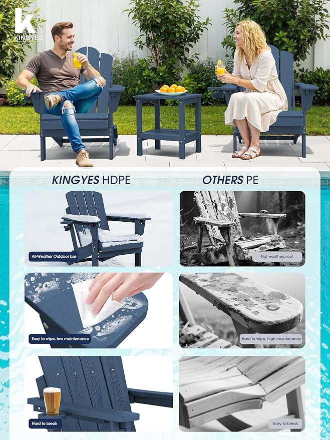 KINGYES Adjustable Folding Adirondack Chair Set of 4, 3-Position Reclining Adirondack Chairs with Cup Holder, HDPE All-Weather Oversized Adirondack for Outdoor, Patio, Backyard Deck, Fire Pit, Blue