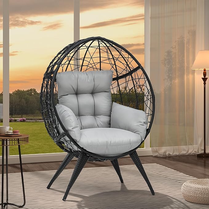 YITAHOME Large Wicker Egg Chair with Stand for Indoor and Outdoor, Cushion, and Adjustable Leveling Feet, Large Lounger for Garden, Patio, Balcony, Backyard,Supports up to 330lbs, Gray