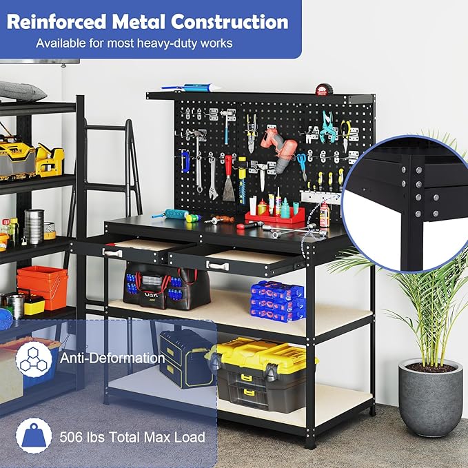 Goplus Workbench with Drawers, 48" x 24" Work Table with Pegboard, Storage, 4 Shelves, 24 Hanging Accessories, 506 LBS Capacity, Heavy-Duty Metal Tool Work Bench for Garage, Workshop