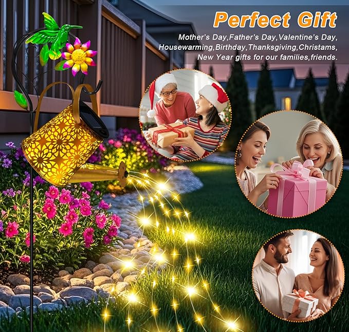 Solar Metal Watering Can with Hummingbrid Shepherd Hook and Cascading Lights - Outdoor Solar Lantern for Garden, Yard, Patio Decor and Gardening Gifts for Women Mother's Day