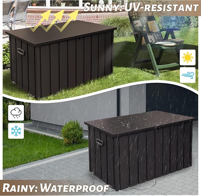 Outdoor Storage Box, 100 Gallon Metal Deck Box Waterproof, Outside Steel Storage Lockable Cabinet, Indoor Storage Bin Container for Patio/Poolside/Backyard Cushions, Pillow -Brown
