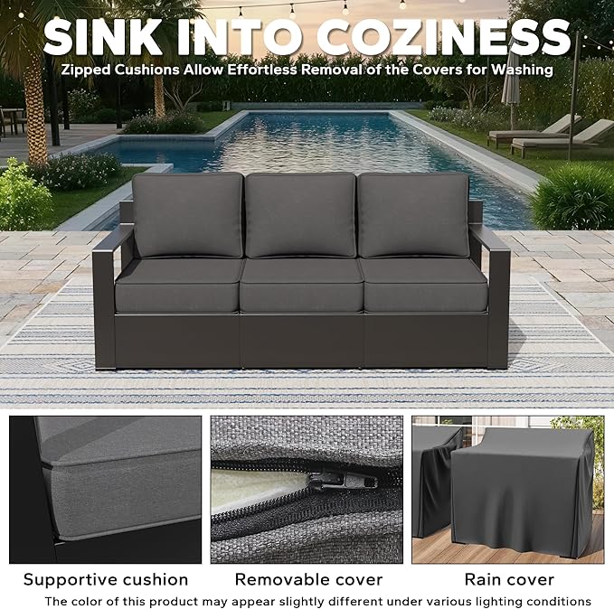 79" Aluminum Patio Sofa - All Weather Outdoor 3-Seat Sofa Couch with 6" Water-Resistant Cushions & Rectangular Framed Metal Armrest & Sofa Cover for Garden Porch (Grey)