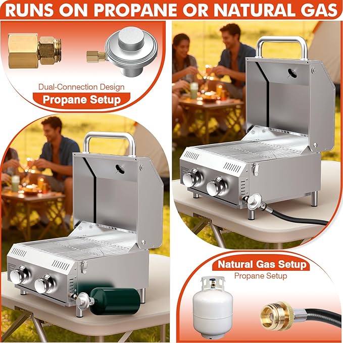 Llamaviva 2 Burners Tabletop Gas Grill Dual Fuel Adapter, 20,000 BTUs Portable Stainless Steel Propane Grill with Legs for Tailgating, Outdoor Patio Backyard Camping, and RV Trips