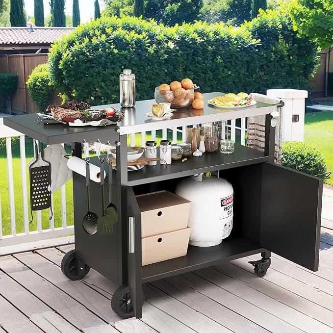 JY QAQA Outdoor Grill Cart with Storage, Patio Kitchen Island Outdoor Grill Table with Wheels, BBQ Cart Movable Pizza Oven Table Stand with Foldable Stainless Steel Top, Black