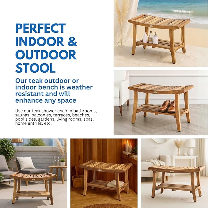 EcoDecors 30 Inch Harmony Natural Color Waterproof Teak Wood Shower Bench Stool Seat Chair For Inside Shower Storage Shelf Provides Safety, Storage, and Organization For Bathroom Accessories