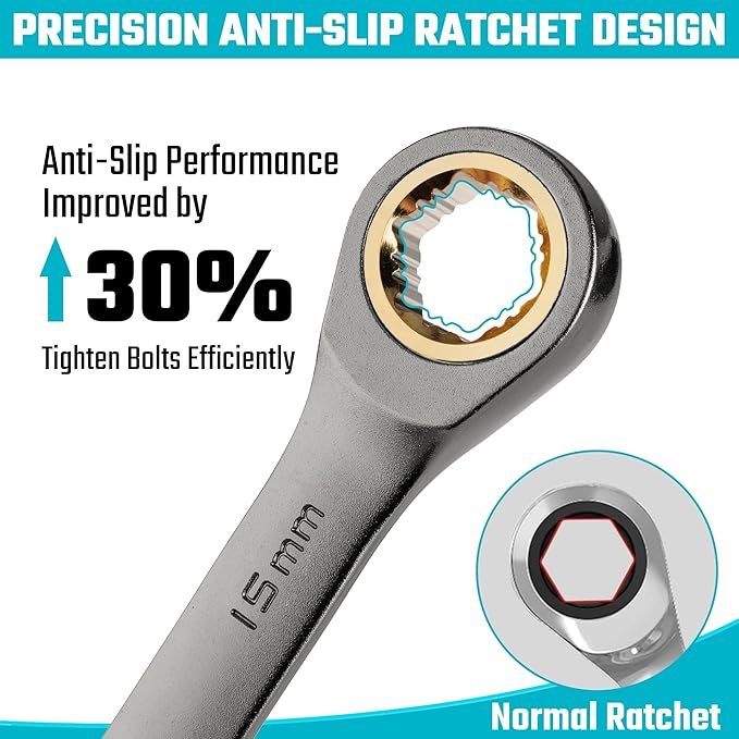 DURATECH Anti-Slip Ratcheting Wrench Set, Combination Wrench Set, 22-piece, Metric & SAE, 1/4" to 3/4" & 6-18mm, 72-Tooth, CR-V Steel, Nickel Plating, with Pouch