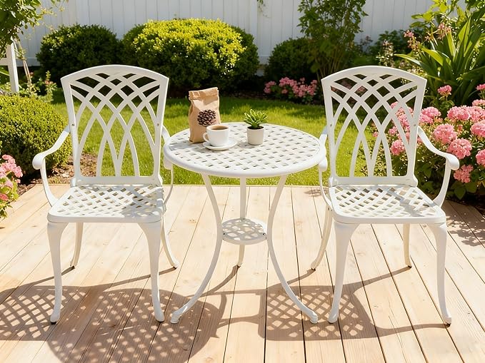 3 Piece Patio Bistro Set, Outdoor Cast Aluminum Bistro Table and Chairs Set of 2 with Umbrella Hole, All Weather Resistance Metal Bistro Table for Front Porch Set,White