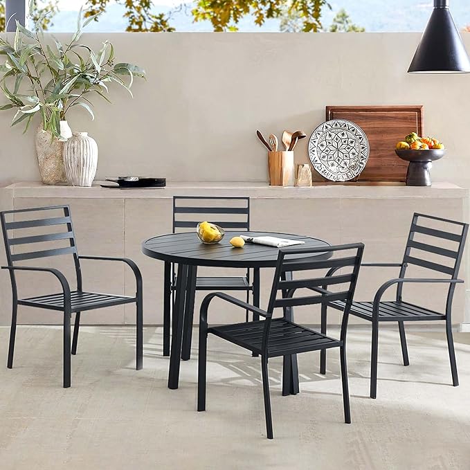 5 Piece Outdoor Dining Set, Patio Dining Set for 4, 42" Black Round Table with 4 Armrest Black Metal Outdoor Dining Chairs for Garden, Lawn, or Porch