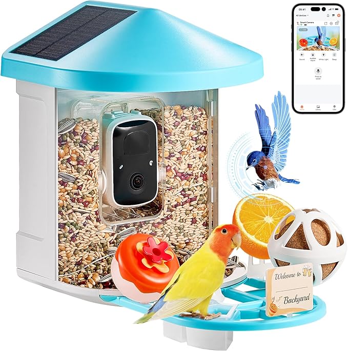 VEVOR Smart Bird Feeder with Camera, Solar Powered Wireless Camera Bird Feeder with 2 Solar Panels, Live Video, AI Identify, Auto Detect & Instant Notify, and 2K Full HD, Ideal Gift for Bird Lover