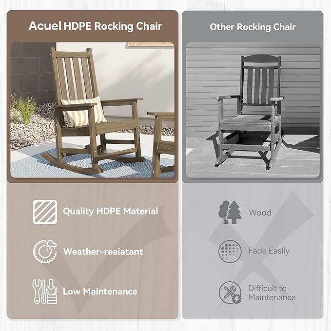 HDPE Outdoor Rocking Chair, Oversized Rocking Chairs with Widened Seats & High Backs, Weather & Fade Resistant Porch Rockers for Patio, Deck & Porch - Light Brown