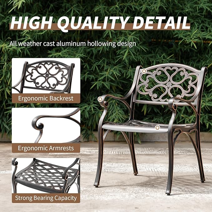 Cast Aluminum Outdoor Dining Chairs Set of 4, 4 Piece All Weather Cast Aluminum Patio Bistro Chairs with Armrest for Balcony, Backyard, Garden