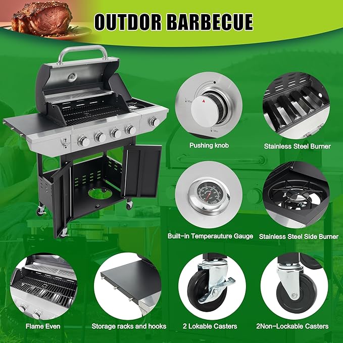 4 Burner Propane Gas Grill with Side Burner, 46,500 BTU Stainless Steel BBQ Grill with Foldable Shelves, Thermometer, Wheels, Ideal for Patio, Backyard, Outdoor Cooking, Barbeque