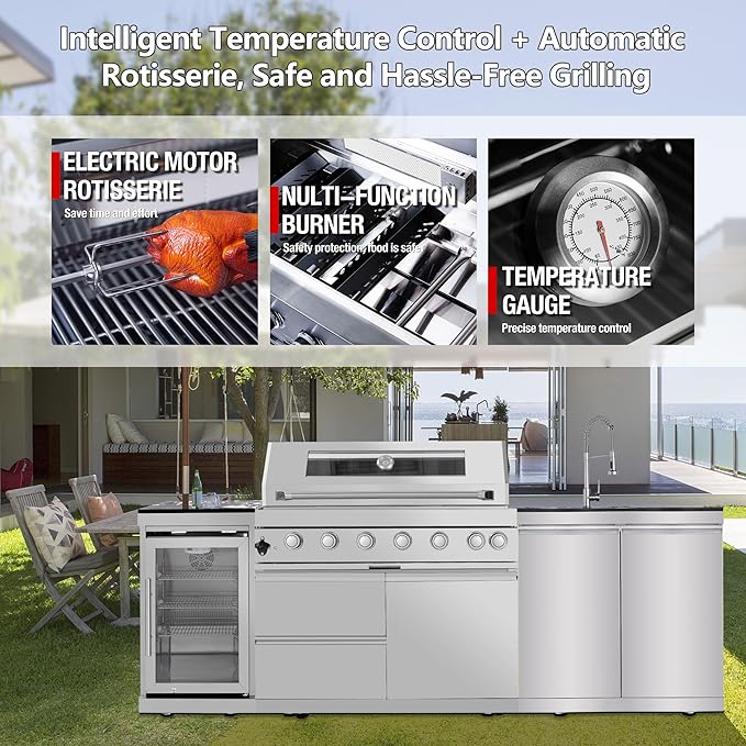 43.5-Inch 6-Burner 85000 BTU Deluxe Stainless Steel Gas Outdoor Kitchen Bar Barbecue Island Grill + Wine Cooler Compact Refrigerator + Rotisserie + Granite Countertops + Storage Cabinets & Drawers