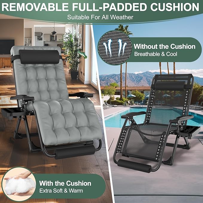 XXL Zero Gravity Lounge Chair 33", Oversized Padded Folding Recliner for Patio with Storage Bag, Removable Cushion, Footrest, Full Aluminum Lock & Large Cup Holder, Supports 500 lbs, Gray