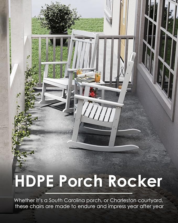 GREENVINES Outdoor-Rocking-Chairs-Set-of-2 | HDPE Plastic | Patio Rockers | Porch Rocker Chair | Oversized | High Back | Big & Tall | White