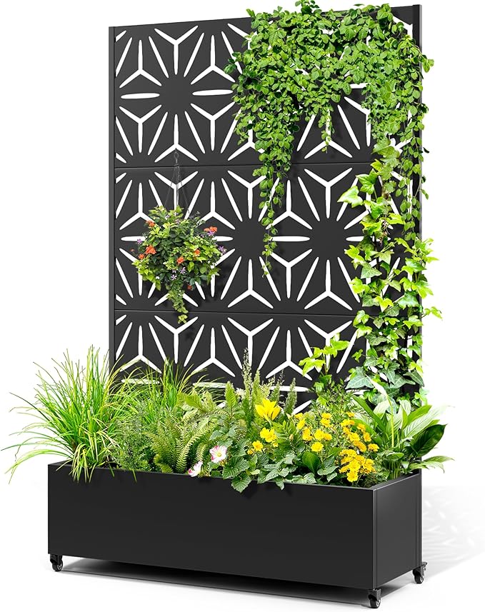 Metal Raised Garden Bed with Trellis, 2 in 1 Trellis with Planter Box & Privacy Screen for Climbing Plants, Vine, Outdoor Standing Flower Beds with Drainage Holes,47.2"L x 16.7"W x 70.8"H,(Black-Star)