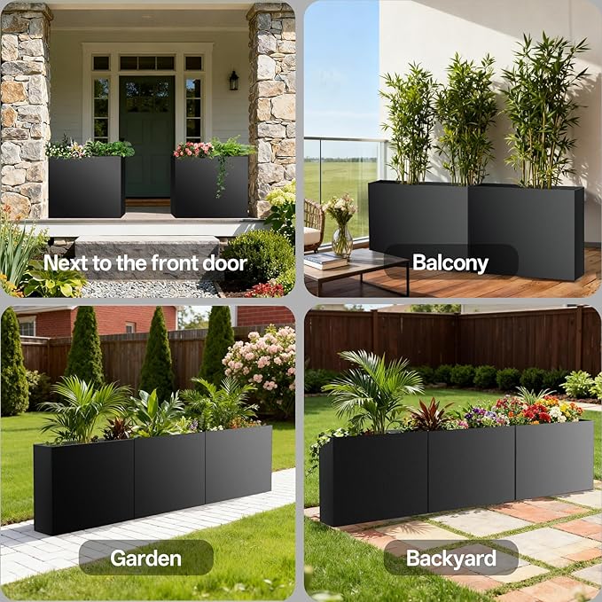 Metal Planter Box 38" x 10"x 30",Heavy-duty Galvanized Steel Outdoor Planter with Removable Built-in shelf and Drainage Holes,Rectangular Planter for Porches, Gardens, Patios, and Courtyards，Black