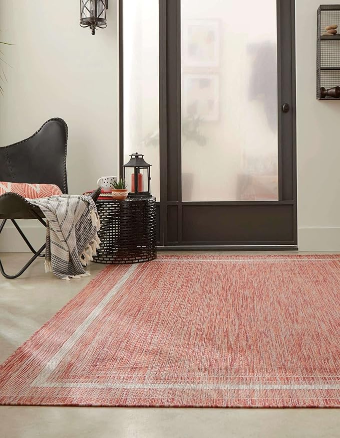 Unique Loom Outdoor Border Collection Area Rug - Soft Border (2' x 3' 1" Rectangle, Rust Red/ Ivory)