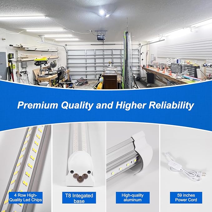 Led Shop Lights, 4FT LED Light 50W 6500K 7000LM Daylight,Led Garage Light,Linkable Clear Cover Integrated V-Shape for Garage Warehouse Workbench Workshop(4-Pack)