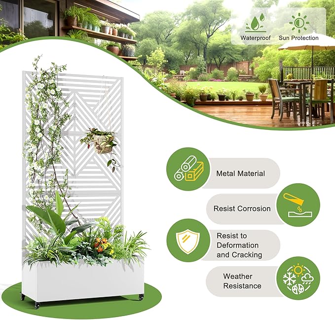 FENCY Metal Raised Garden Bed with Wheels and Trellis,73"x35"x16" Planter Box for Climbing Plants, Vegetables & Vines, Features Privacy Screen and Drainage Holes (White-Modern)