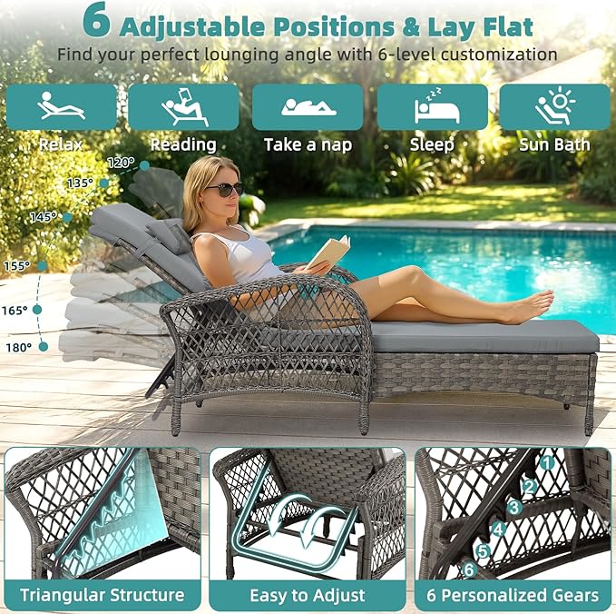 MEETWARM Outdoor Wicker Chaise Lounge Chair Set of 2, 77" Long All Weather PE Rattan Patio Lounge Chair, 6 Position Adjustable Pool Reclining Sunbathing Chair for Outside, Armrest & Head Pillow, Gray
