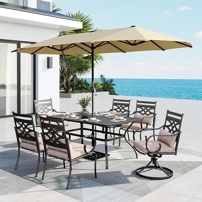 MFSTUDIO Outdoor Dining Set with Umbrella, Patio Dining Set doe 6 Persons, Patio Furniture Set with Beige Umbrella for Deck Poolside Backyard Garden (Umbrella Base Not Included)