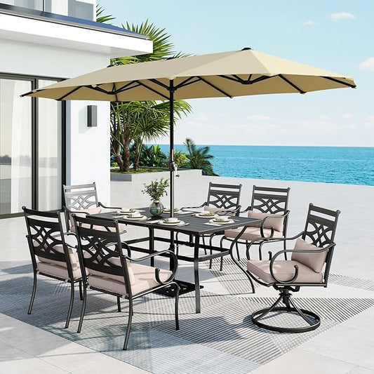 MFSTUDIO Outdoor Dining Set with Umbrella, Patio Dining Set doe 6 Persons, Patio Furniture Set with Beige Umbrella for Deck Poolside Backyard Garden (Umbrella Base Not Included)