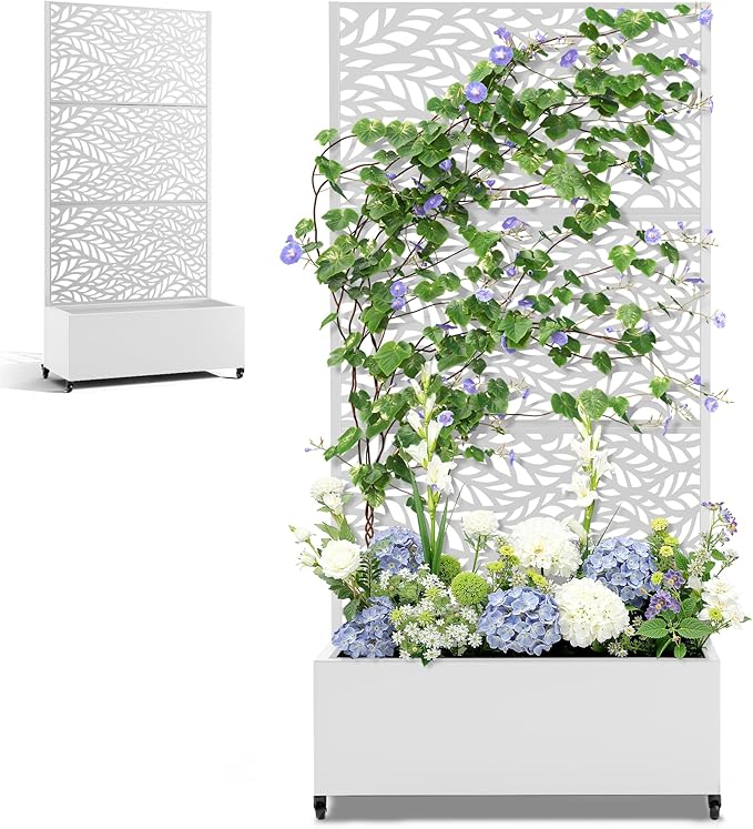 Metal Standing Planter Box with Trellis, Privacy Planter for Patio, Outdoor Raised Garden Beds with Trellis for Climbing Plants, Garden Boxes with Wheels & Drainage Holes (35"L, White Spring)