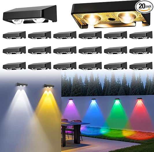 Solar Fence Lights Outdoor,50 LM 11 Modes & 9 Colors Solar Lights with Brighter LED Focus Lens Waterproof IP65 for Wall Backyard Deck Patio Porch Step Railings Pool Decor（20 Pack）