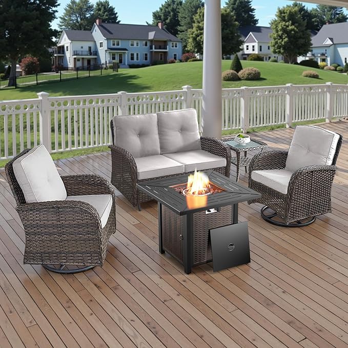 Belord 5 Pieces Outdoor Patio Furniture Set with 50000 BTU Propane Fire Pit Table, Deep Seating Wicker Swivel Rocker Chairs and Loveseat Glider Patio Conversation Set for Deck Poolside Backyard Beige