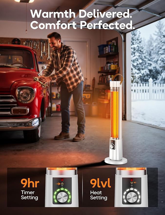 Outdoor Heater for Patio, 1500W Electric Infrared Heaters for porch garage indoor use, 9H Timer, 60° Oscillation & 9 Heat Level, Tip-Over/Overheating Protection, Safety Lock, Super Quiet, IPX5, Snowy