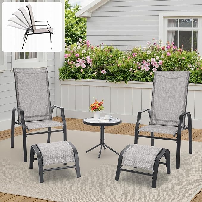 5 Pieces Patio Bistro Set with 2 Patio Chairs and 2 Ottomans, Outdoor Furniture Set with with a Table and Chairs for Poolside, Balcony, Porch, Lawn, Deck, Garden